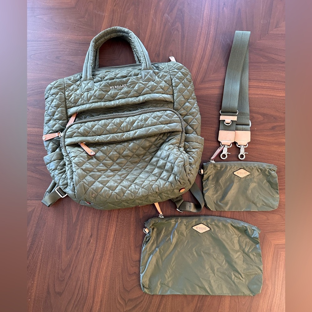 MZ Wallace Olive Quilted Backpack Set